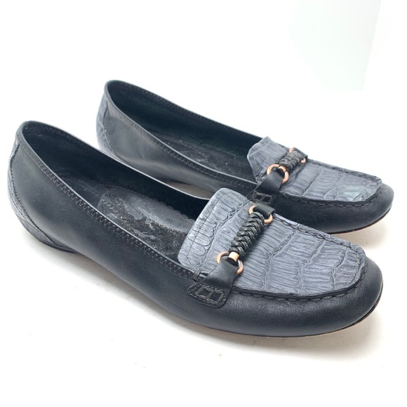 ANTIA Navy Blue Genuine Leather Slip On Loafers Reptile Print Flats Shoes sz 8 M - Picture 1 of 16